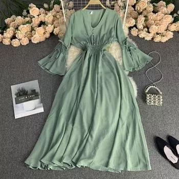 Длинное платье весна-осень для женщин, элегантное, с V-образным вырезом, расклешенными рукавами и высокой талией, праздничное, пляжное, макси-платье One Size