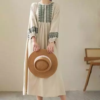 Длинное платье, женское хлопковое платье большого размера, свободное летнее платье в стиле ретро с вышивкой и длинными рукавами, тонкое большое свободное платье длиной до колена M белый