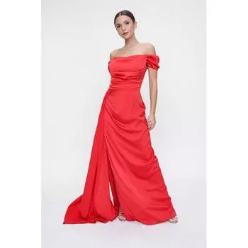 Длинное плиссированное атласное длинное платье Madonna с воротником на одну сторону