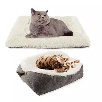 Длинное плюшевое квадратное одеяло для домашних животных, подушка-гнездо для кошек, удобная будка для сна, толстый коврик для домашних животных, складная кровать двойного назначения, которую можно стирать
