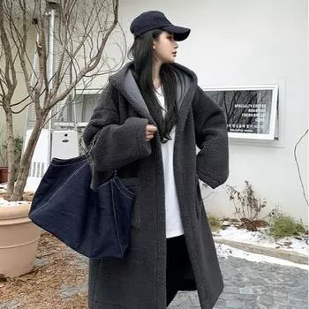 Длинное плюшевое пальто из ягненка, женское корейское осенне-зимнее пальто с карманами, свободная повседневная пижама с капюшоном, пушистое маленькое пальто S серый