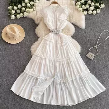 Длинное праздничное пляжное платье макси с развевающимися рукавами для женщин, летние вечерние платья с поясом M чёрный