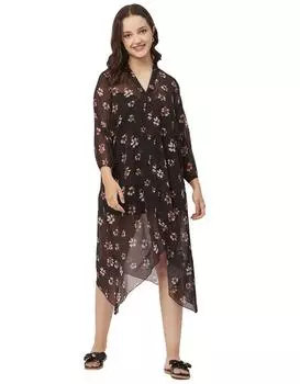 Длинное прозрачное платье с принтом Moomaya для женщин, отпуск с полным рукавом из полиэстера жоржет L чёрный