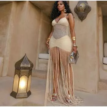 Длинное прозрачное платье с вырезом, женские праздничные платья с кисточками и высокой талией, без рукавов, на бретелях, женское вечернее платье с открытой спиной для клуба S