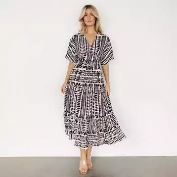 Длинное ретро-платье в полоску в стиле бохо, новое платье с высокой талией и короткими рукавами с принтом для женщин S чёрный