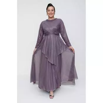 Длинное серебристое платье больших размеров с вышивкой из гипюра и бисером на талии с воротником на подкладке