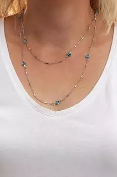 Длинное серебряное ожерелье синего цвета сглаза