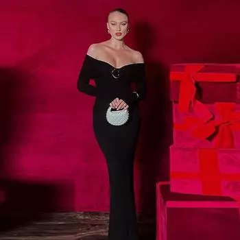 Длинное сексуальное платье макси с открытыми плечами и длинными рукавами для женщин, осеннее новое облегающее элегантное длинное платье без бретелек с открытой спиной для клубной вечеринки S чёрный