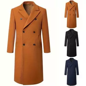 Длинное шерстяное пальто длиной до колена, мужская приталенная ветровка с воротником-стойкой M тёмно-синий