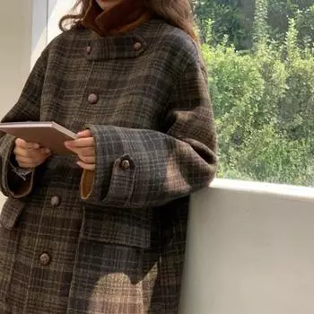 Длинное шерстяное пальто в клетку женское шерстяное пальто осень-зима корейский стиль для маленьких мужчин стиль Хепберн британский стиль S