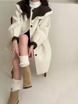 Длинное шерстяное пальто женское Puyuan осенне-зимний дизайн кукольный воротник подходящее по цвету шерстяное пальто S (90~ 60kg)