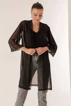 Длинное шифоновое кимоно с кружевным воротником и рукавами