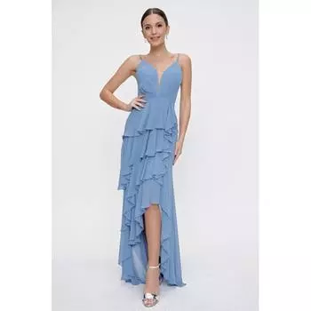 Длинное шифоновое платье на подкладке с многослойной оборкой на шнурках и бретельках