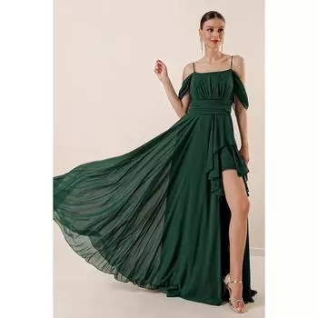 Длинное шифоновое платье на подкладке, с веревочными бретелями, низкими рукавами, драпированной воланом спереди, боковым разрезом спереди