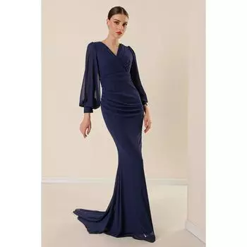 Длинное шифоновое платье с двубортным воротником и плиссировкой на подкладке