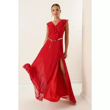 Длинное шифоновое платье с разрезом и поясом с оборкой на воротнике