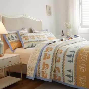 Длинное штапельное хлопковое покрывало для матери и ребенка, комплект из трех предметов с шестью слоями марли, полностью хлопковый комплект постельного белья большой кан, все сезоны 150cmx200cm