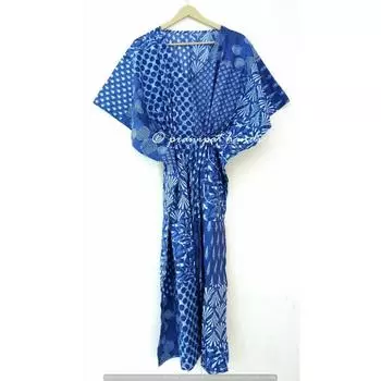 Длинное синее хлопковое платье макси в индийском стиле индиго в этническом стиле, женское ночное платье-кафтан CKFTN-SCRN-FULL-BUYIT-037