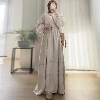 Длинное скромное платье с длинными рукавами, женское макси-платье, повседневное вечернее платье, мусульманские абайи, Дубай, Турция, кафтаны, женская одежда S кремовый
