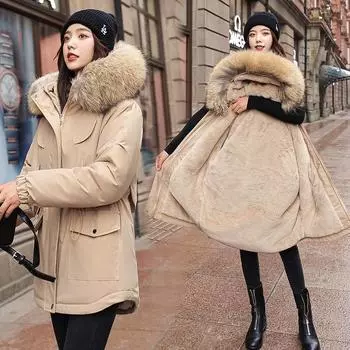 Длинное стеганое пальто для женщин, новый утолщенный стиль с капюшоном, свободный крой, популярная куртка, модная парка, подходящая для зимы M хаки