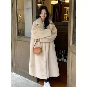 Длинное свободное утолщенное меховое цельное пальто с воротником для женщин S абрикосовый