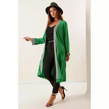 Длинное трикотажное кимоно с вышивкой и поясом на талии