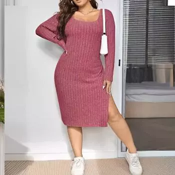 Длинное трикотажное платье большого размера с длинными рукавами и квадратным вырезом для женщин XL