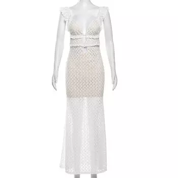 Длинное трикотажное платье с V-образным вырезом, сексуальное вечернее платье без рукавов, модное облегающее летнее элегантное длинное платье с высокой талией S белый