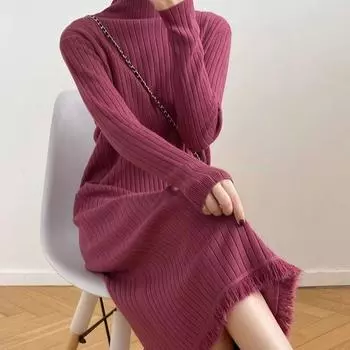 Длинное трикотажное платье, свитер с высоким воротником и бахромой one size абрикосовый