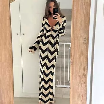 Длинное трикотажное пляжное платье для женщин, полосатое, со шнуровкой, свободное, контрастное, для праздничной вечеринки, макси-платья, трикотаж, ажурный, сексуальный, элегантный, тонкий, трикотажный пляжный халат S чёрный
