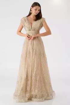 Длинное Вечернее Платье Из Тюля С Двубортным Вырезом Бежевое LOMUS