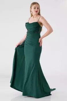 Длинное вечернее платье без бретелек с драпировкой Петрово-зеленый ALDURA