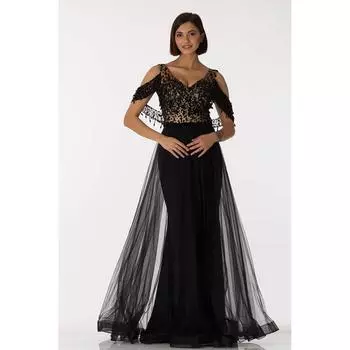 Длинное вечернее платье из тюля с вышивкой, черное UTU