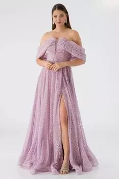 Длинное вечернее платье из тюля с вырезом лодочкой Лаванда CEXO