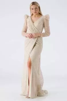 Длинное вечернее платье с V-образным вырезом и пышными рукавами, бежевое BUH