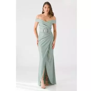Длинное вечернее платье с вырезом лодочкой и поясом, мятно-зеленое YUYUM