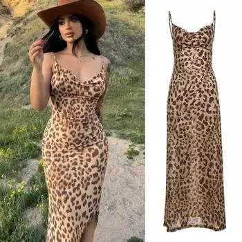 Длинное винтажное платье с тонкими бретельками, без рукавов, вечернее платье с V-образным вырезом, леопардовое платье из тюля, пляжная одежда S