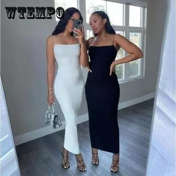 Длинное вязаное сплошное женское сексуальное платье с топом на бретельках, тонкое женское платье L белый