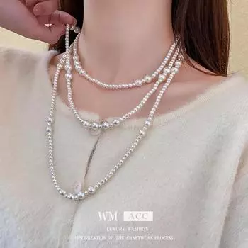 Длинное жемчужное ожерелье: Элегантная ретро-мода для осени и зимы. Necklace белый