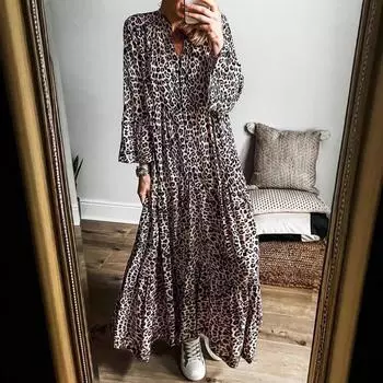 Длинное женское модное платье свободного кроя с V-образным вырезом на пуговицах с леопардовым принтом на весну и осень S коричневый