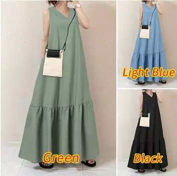 Длинное женское платье без рукавов с v-образным вырезом и карманами, S-5XL S зелёный