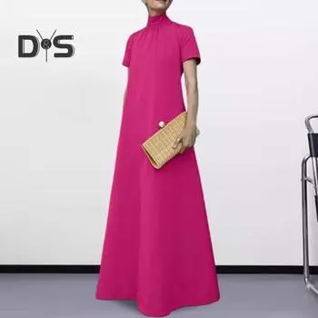 Длинное женское платье с воротником-стойкой А-силуэта, сплошной цвет с короткими рукавами, большие размеры, полная длина, вечернее платье в китайском стиле в стиле ретро, повседневное вечернее платье макси XL чёрный