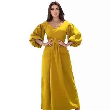 Длинное женское вечернее платье с рукавами-фонариками, V-образным вырезом и высокой талией L синий