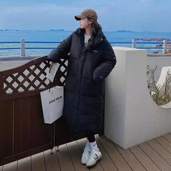 Длинное женское зимнее пальто из хлопка, новое элегантное утолщенное хлопковое пальто с капюшоном для женщин S чёрный