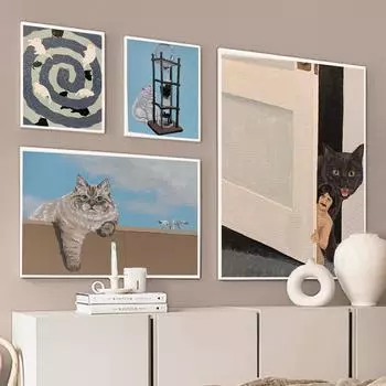 Длиннотелый кот, абстрактный жадный кот, настенное искусство, печать плакатов, черный милый домашний питомец, масло, холст, картина, туалет, кровать, комната, домашний декор, без рамки 21x30cm No Framed