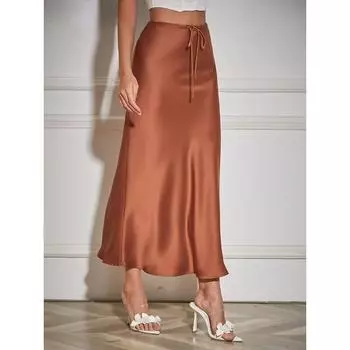 Длинные атласные юбки трапециевидной формы Streamgirl для женщин, черные 2024, элегантные макси-юбки бежевого цвета с высокой талией, шелковая длинная юбка на шнуровке для женщин S бежевый