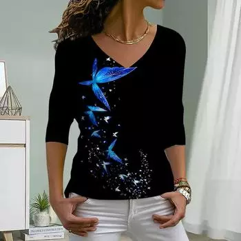 Длинные бабочки с принтом женские футболки женские топы с длинным рукавом V-образный вырез пуловер женские футболки футболка для женщин XS синий