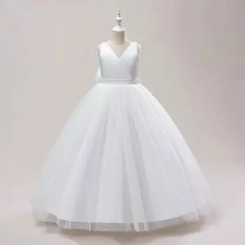 Длинные белые платья подружки невесты для девочек, свадебное платье для выпускного вечера, праздничное платье с большим бантом для девочек, детское торжественное вечернее платье для первого причастия 2 белый