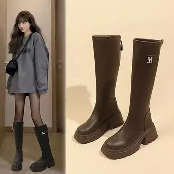 Длинные ботинки-трубы на толстой подошве для женщин на весну и осень, модные высокие ботинки Martin, тонкие и универсальные 35 чёрный