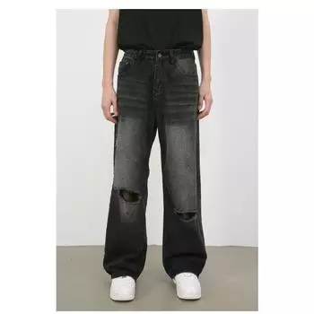 Длинные брюки Broken Jeans Мужские уличные хип-хоп стираные свободные прямые брюки Прямые свободные джинсы для мужчин Модные и удобные брюки S черный серый